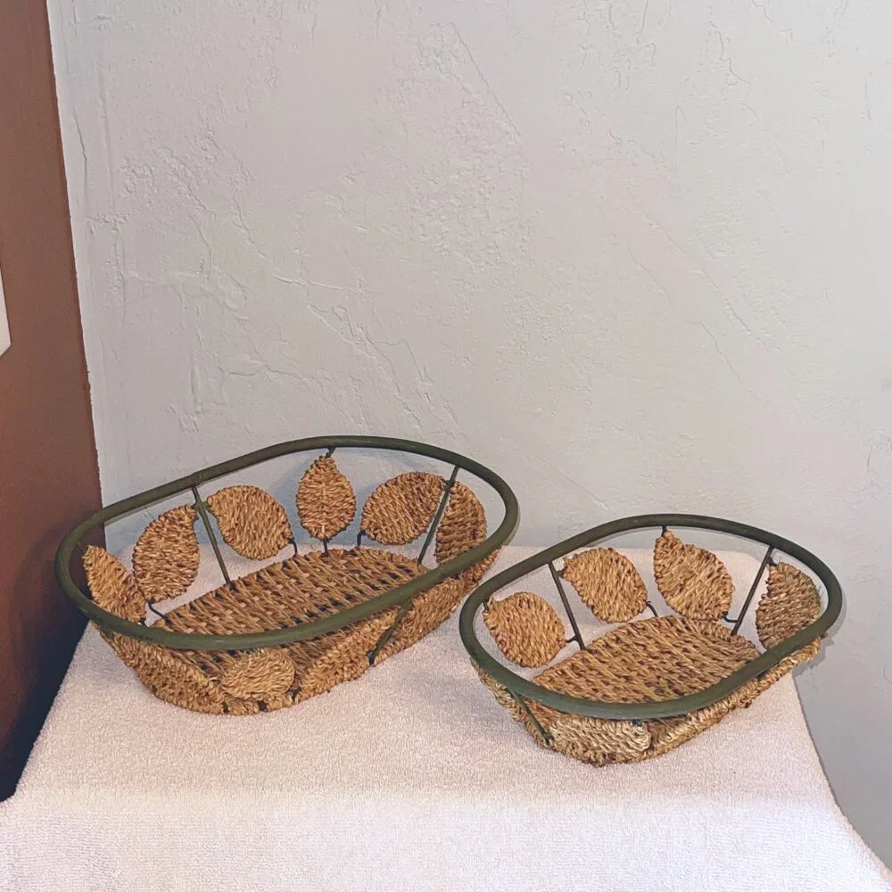 Baskets Set of 2 Metal and Woven Seagrass Leaf Design Oval